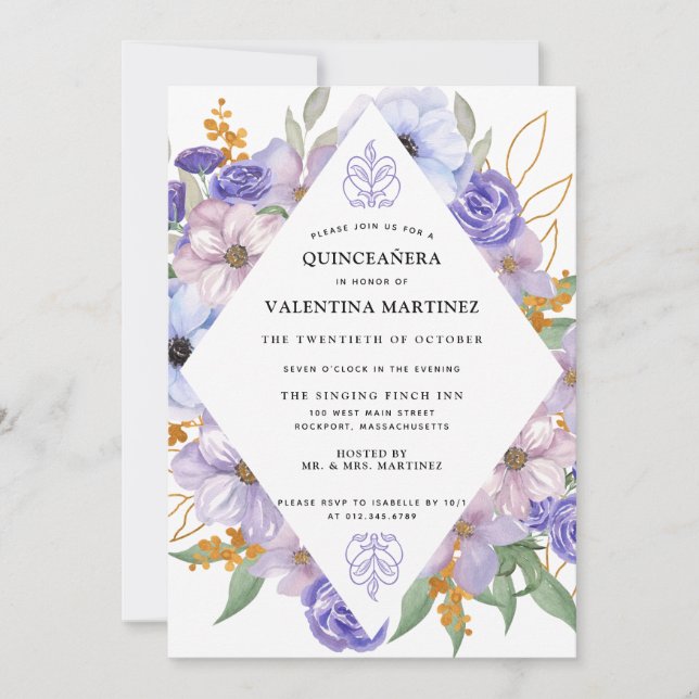 Elegant Purple Gold Floral Quinceanera Invitation (Front)
