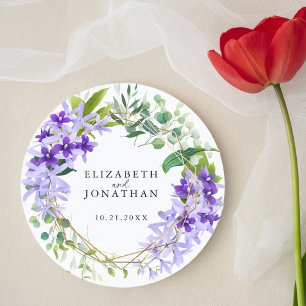 Elegant Purple Gold Floral Wreath Wedding Classic Round Sticker