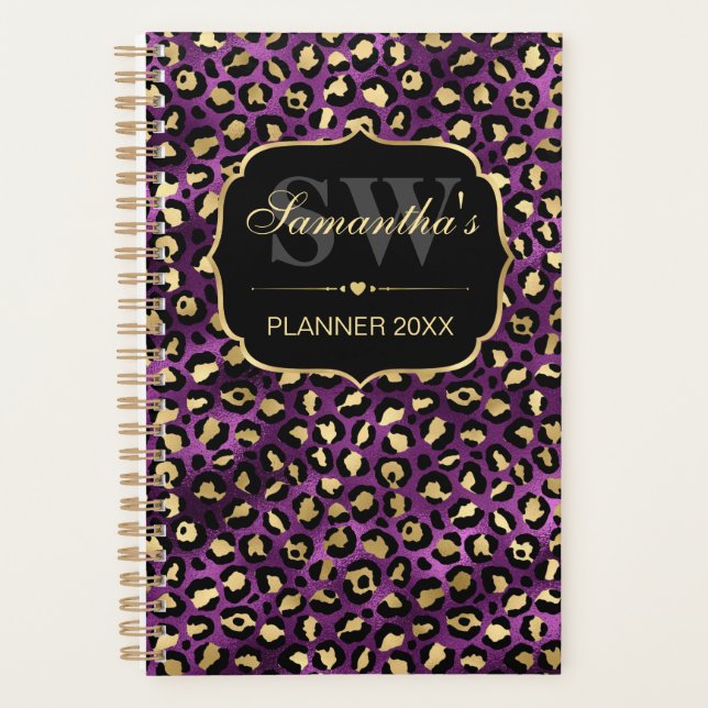 Elegant Purple & Gold Foil Leopard Spots Monogram Planner (Front)