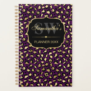 Elegant Purple & Gold Foil Leopard Spots Monogram Planner