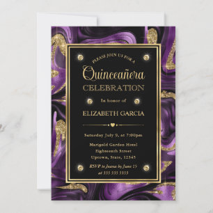 Elegant Purple Gold Foil Marble Quinceanera Invitation