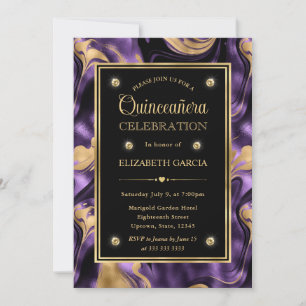 Elegant Purple Gold Foil Marble Quinceanera Invitation