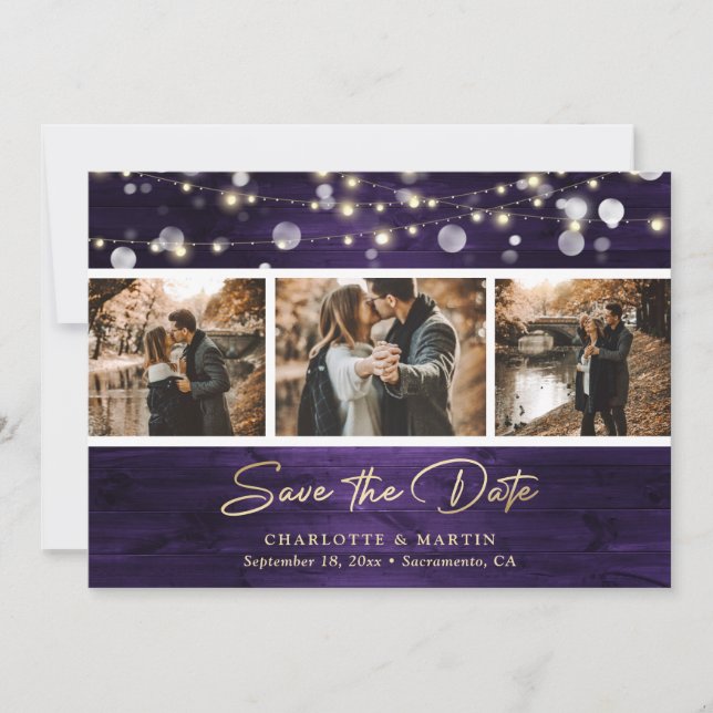 Elegant Purple Gold Foil Wood Wedding Photo Save The Date (Front)