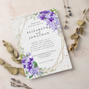 Elegant Purple Gold Geometric Flowers Wedding Invitation