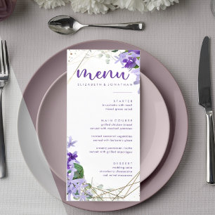Elegant Purple Gold Geometric Flowers Wedding  Menu
