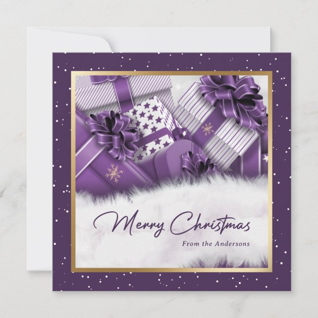 Elegant Purple Gold Gifts Snow Merry Christmas Holiday Card (Front)