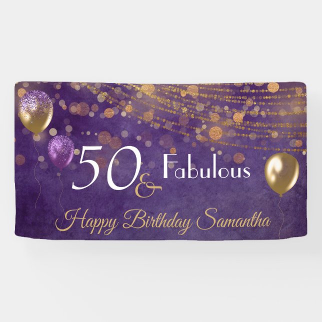 Elegant Purple Gold Glam 50 and Fabulous Birthday Banner (Horizontal)