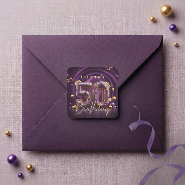 Elegant Purple Gold Glam 50th Birthday Party Square Sticker (Creator Uploaded)