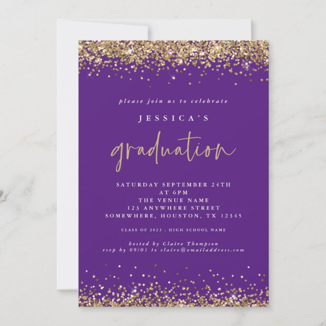 Elegant Purple Gold Glitter 2024 Graduation Invitation (Front)