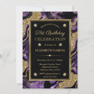 Elegant Purple & Gold Glitter Agate 21st Birthday Invitation