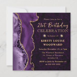 Elegant Purple & Gold Glitter Agate 21st Birthday Invitation