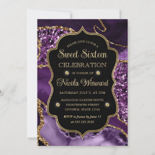 Elegant Purple & Gold Glitter Agate Sweet Sixteen Invitation