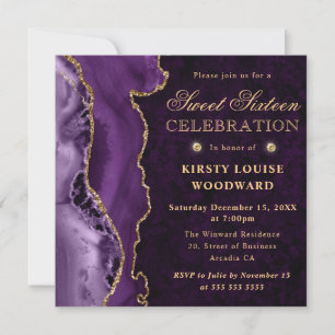 Elegant Purple Gold Glitter Agate Sweet Sixteen Invitation