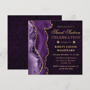 Elegant Purple & Gold Glitter Agate Sweet Sixteen Invitation