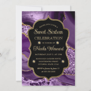 Elegant Purple & Gold Glitter Agate Sweet Sixteen Invitation