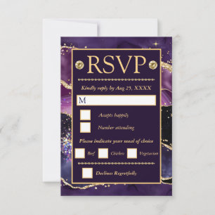 Elegant Purple Gold Glitter Marble Agate Wedding RSVP Card
