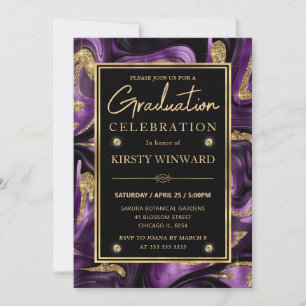 Elegant Purple Gold Glitter Marble Graduation Invitation