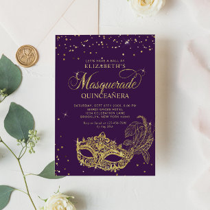 Elegant Purple Gold Glitter Masquerade Quinceañera Invitation