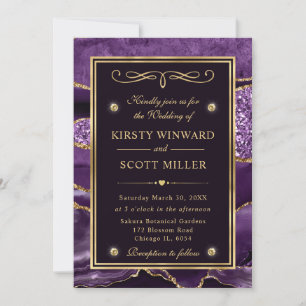 Elegant Purple & Gold Glitter Ocean Agate Wedding Invitation
