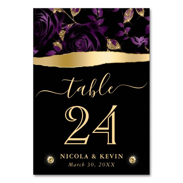 Elegant Purple & Gold Glitter Rose Floral Wedding Table Number (Front)