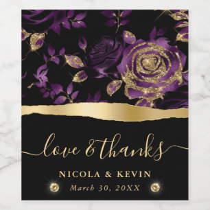 Elegant Purple & Gold Glitter Rose Floral Wedding Wine Label