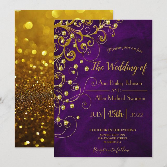 Elegant Purple Gold Glitter Wedding Announcement (Front/Back)