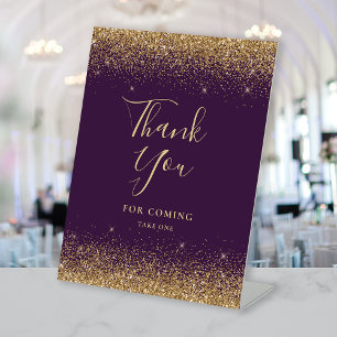 Elegant Purple Gold Glitter Wedding Thank You Pedestal Sign