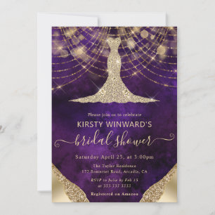 Elegant Purple Gold Gown Bridal Shower Invitation