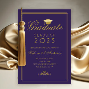 Elegant Purple Gold Grad Cap College Graduation Announcement