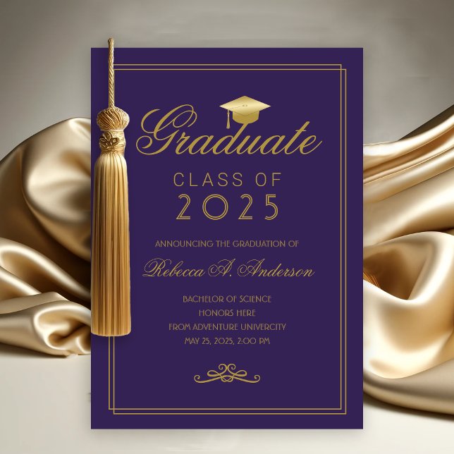 Elegant Purple Gold Grad Cap College Graduation Announcement (Purple and Gold College Graduation Announcement)