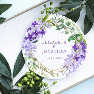 Elegant Purple Gold Green Floral Wreath Wedding  Round Paper Coaster