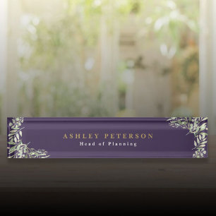 Elegant Purple Gold Greenery Desk Name Plate
