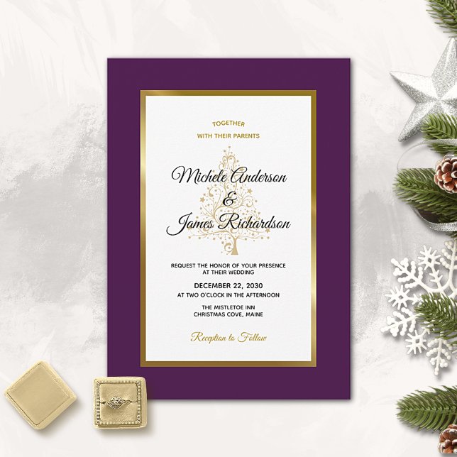 Elegant Purple Gold Holiday Winter Wedding Invitation (Creator Uploaded)