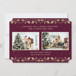 Elegant Purple Gold Holly Stars Photo Holiday Card