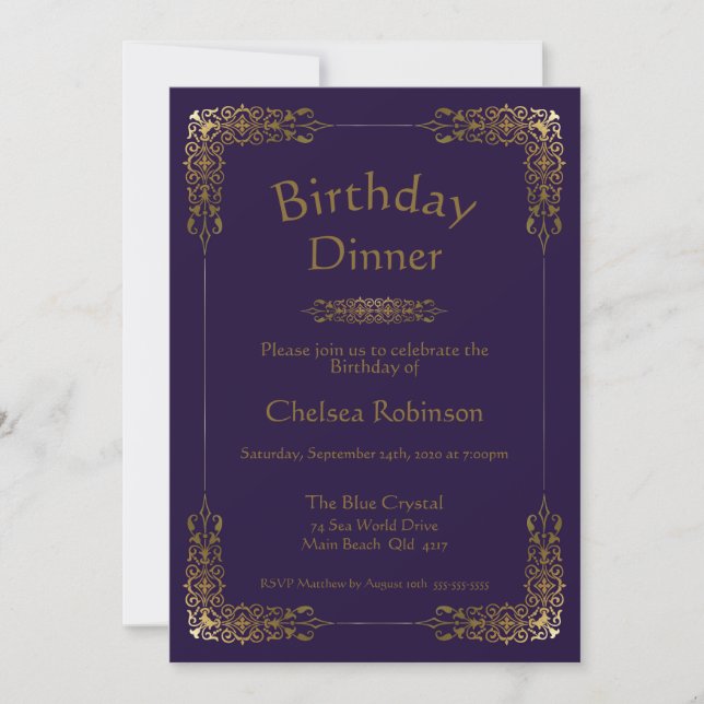 Elegant Purple Gold Lace Birthday Dinner Invite (Front)