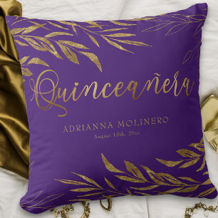 Elegant Purple Gold Leaf Personalised Quinceanera Cushion
