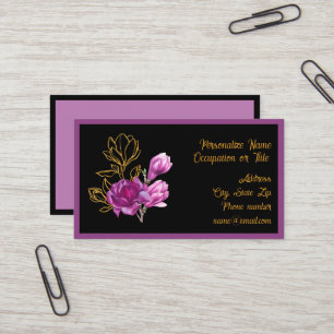 Elegant Purple Gold Magnolia Flower Business Card