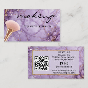Elegant purple gold marble makeup artist QR code Business Card
