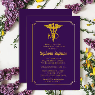 Elegant Purple  Gold MD Physician Graduation Party Invitation