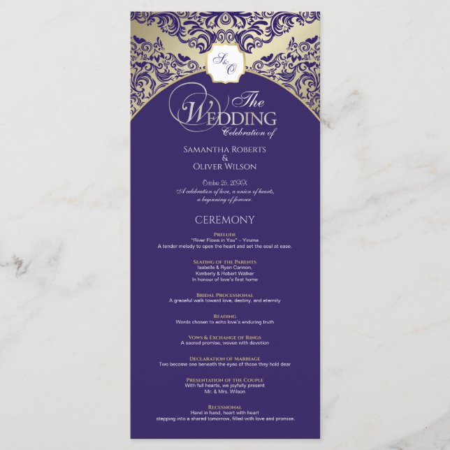Elegant Purple & Gold Monogram Wedding Program Programme (Front)