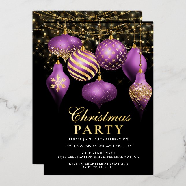 Elegant Purple Gold Ornaments Christmas Party (Front/Back)
