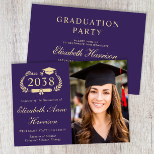 Elegant Purple Gold Photo College Graduation Party Invitation