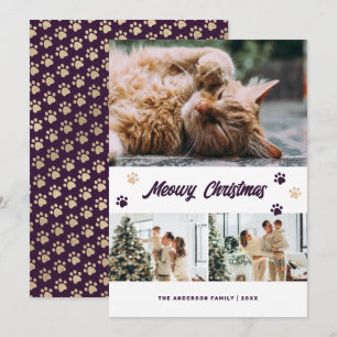 Elegant Purple Gold Photo Meowy Christmas Card