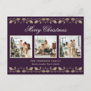 Elegant Purple Gold Photo Merry Christmas Holiday Postcard