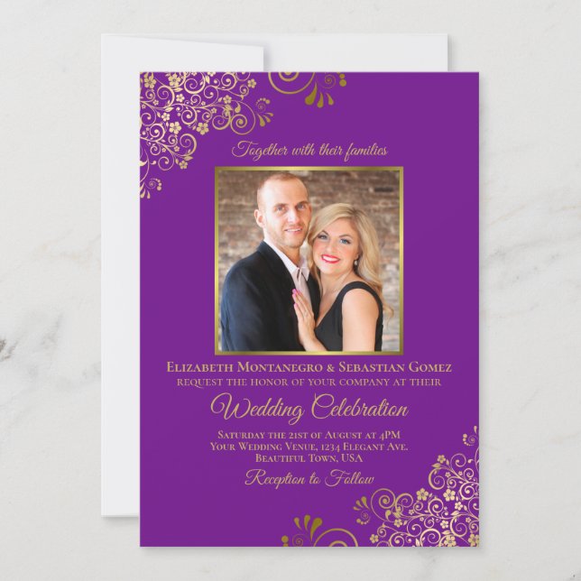 Elegant Purple & Gold Photo & QR Code Wedding Invitation (Front)