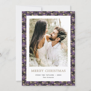 Elegant Purple Gold Plaid Holly Photo Christmas Holiday Card