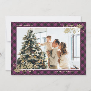 Elegant Purple Gold Plaid Photo Christmas Card