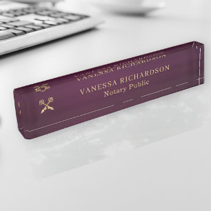 Elegant Purple Gold Professional Pen Logo Notary  Nameplate