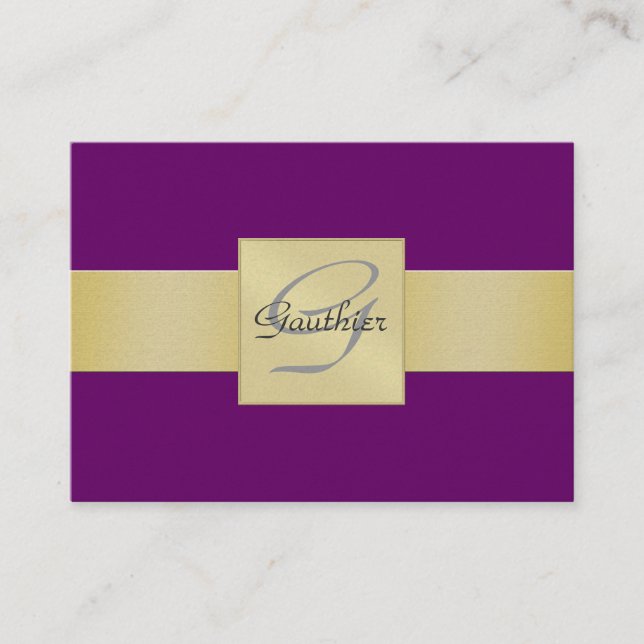 Elegant Purple Gold Ribbon Monogram Business Card (Front)