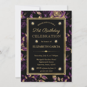 Elegant Purple & Gold Rose Floral 21st Birthday Invitation